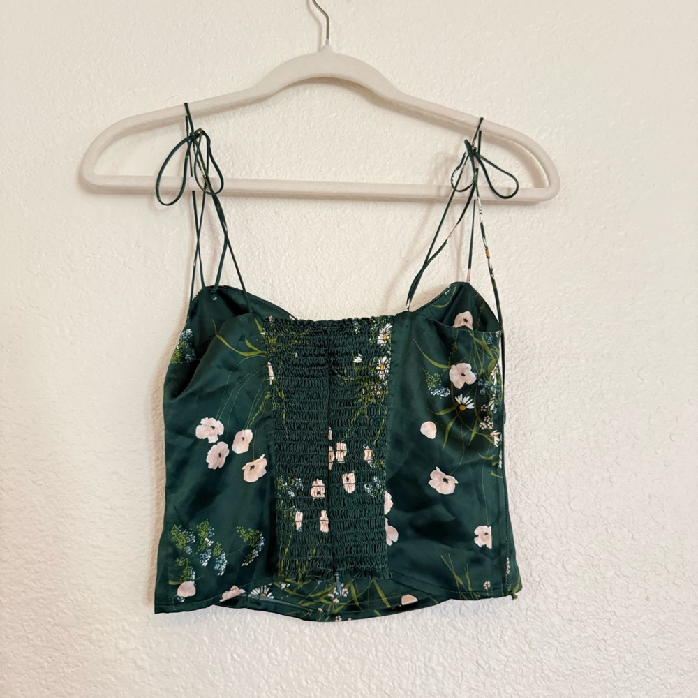 Reformation Silk Floral Camisole Top Emerald Green Daisy Print Smocked Back - Picture 11 of 12